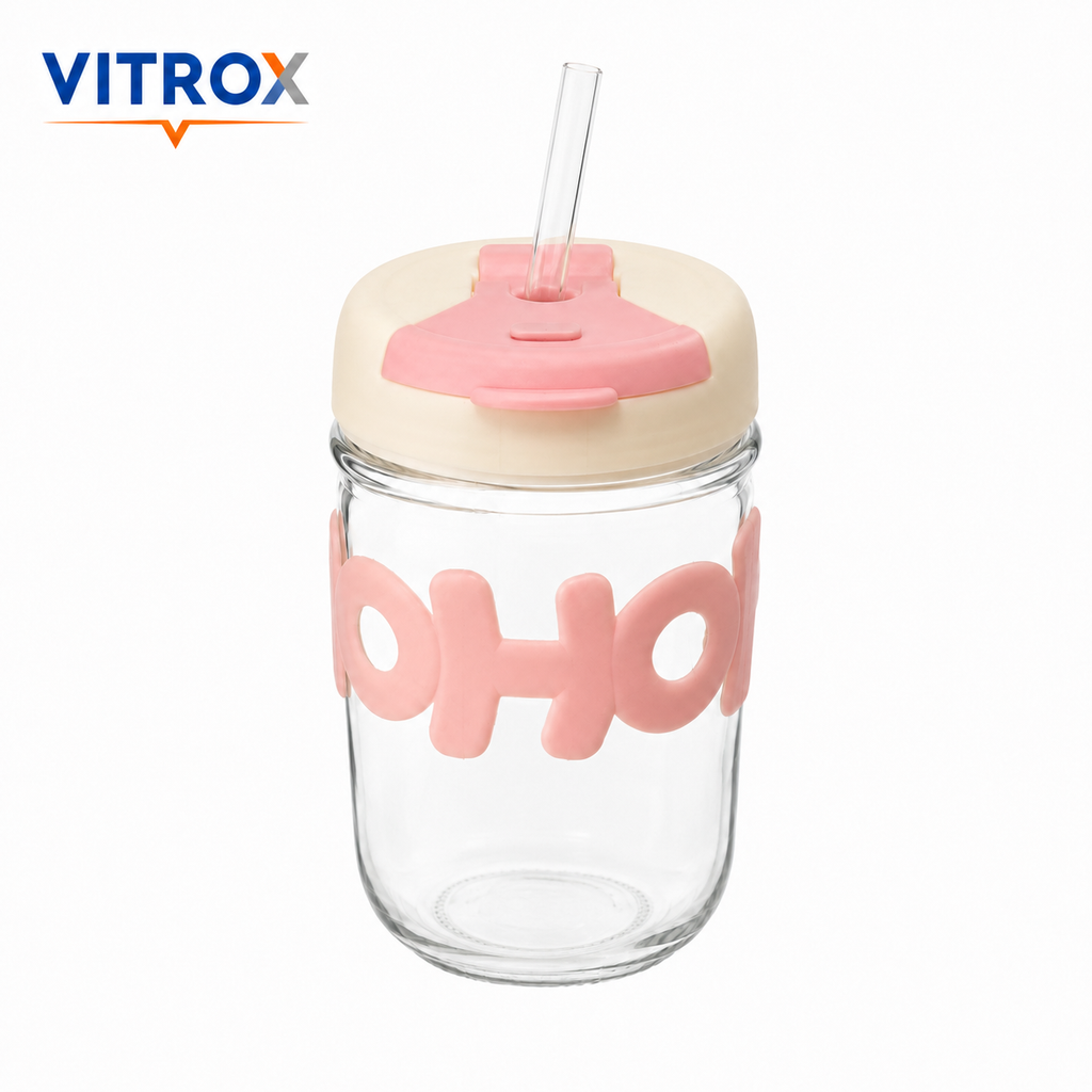 Glass Sip Cup with Flip-Top Lid & Glass Straw – Pink & Cream