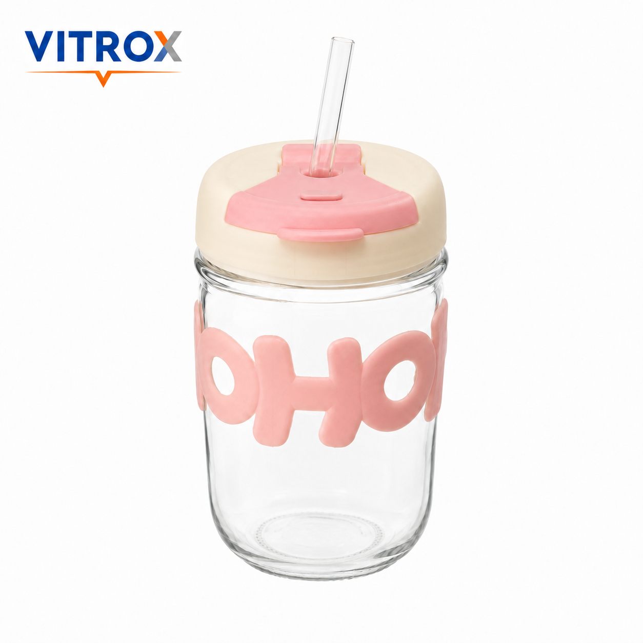 Glass Sip Cup with Flip-Top Lid & Glass Straw – Pink & Cream