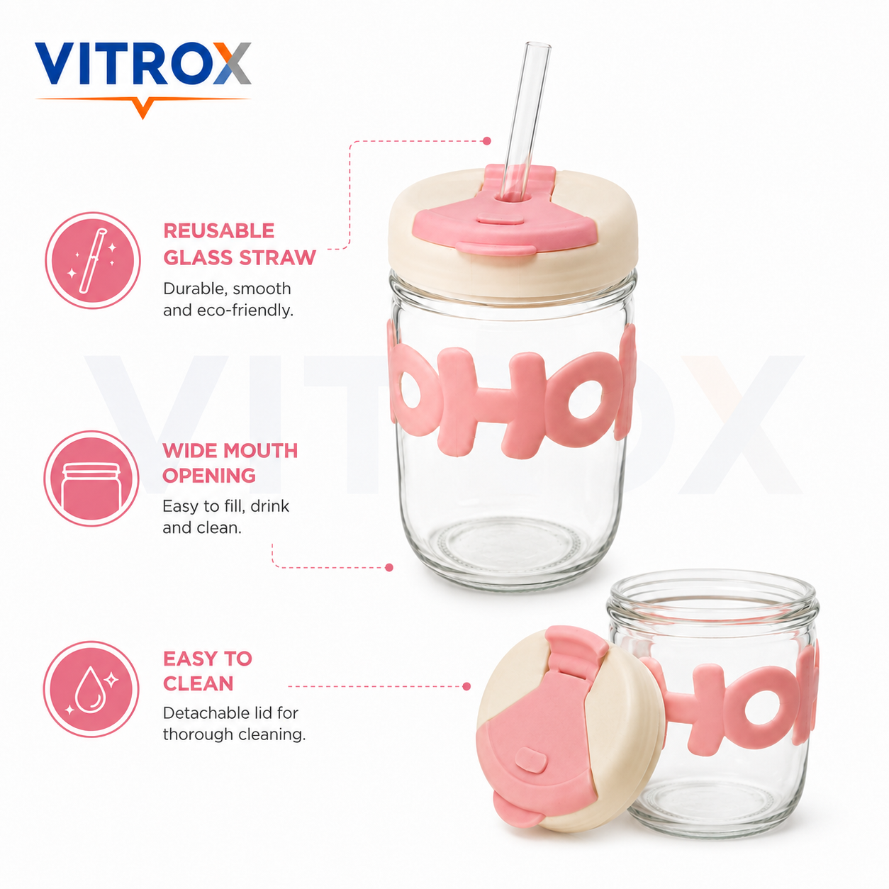 Glass Sip Cup with Flip-Top Lid & Glass Straw – Pink & Cream