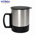 Double Wall Stainless Steel Coffee Mug with Lid & Handle | Silver & Black