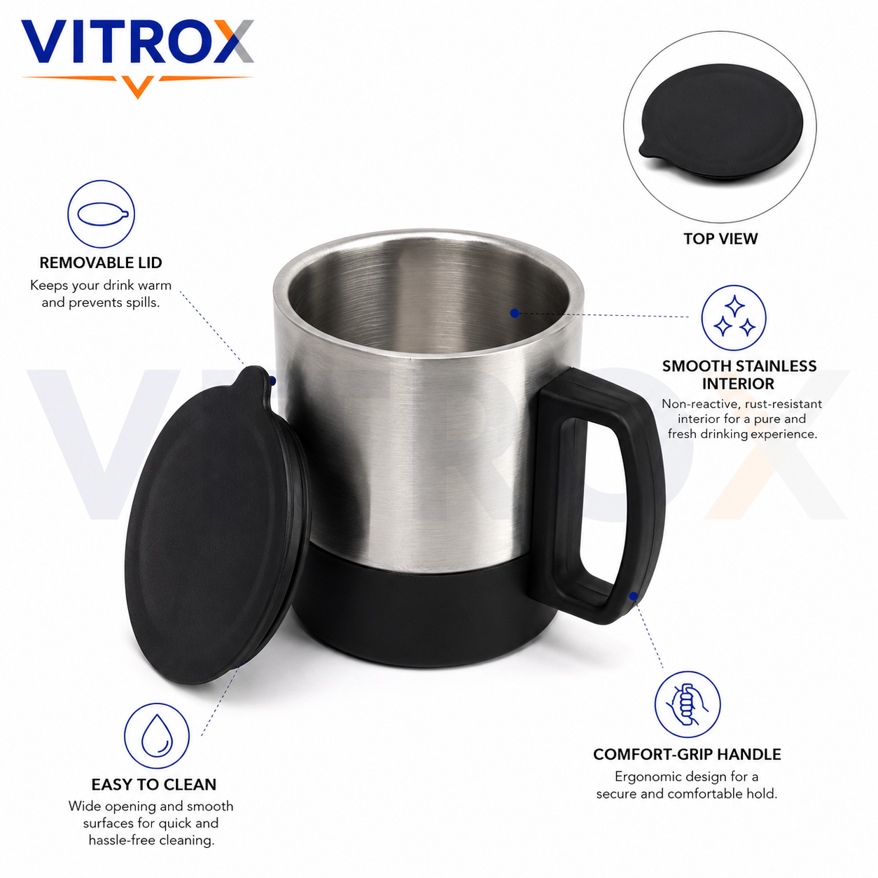 Double Wall Stainless Steel Coffee Mug with Lid & Handle | Silver & Black