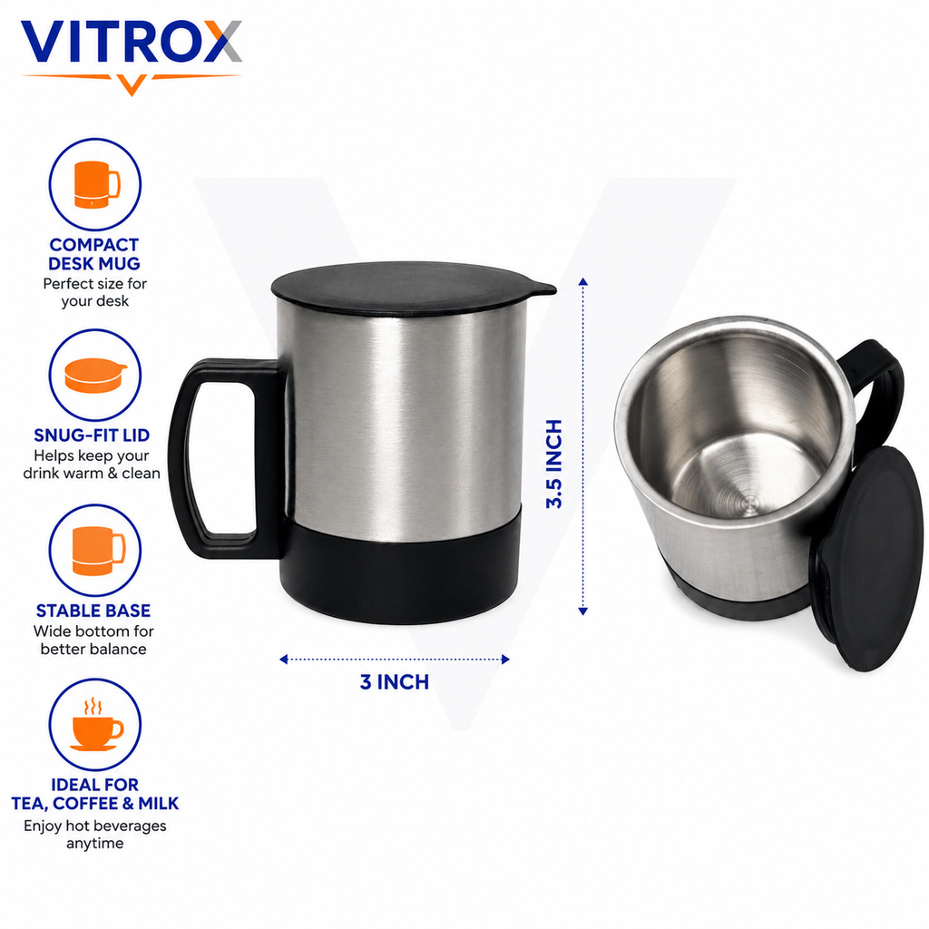 Double Wall Stainless Steel Coffee Mug with Lid & Handle | Silver & Black