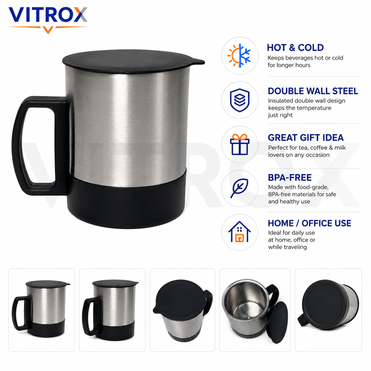 Double Wall Stainless Steel Coffee Mug with Lid & Handle | Silver & Black