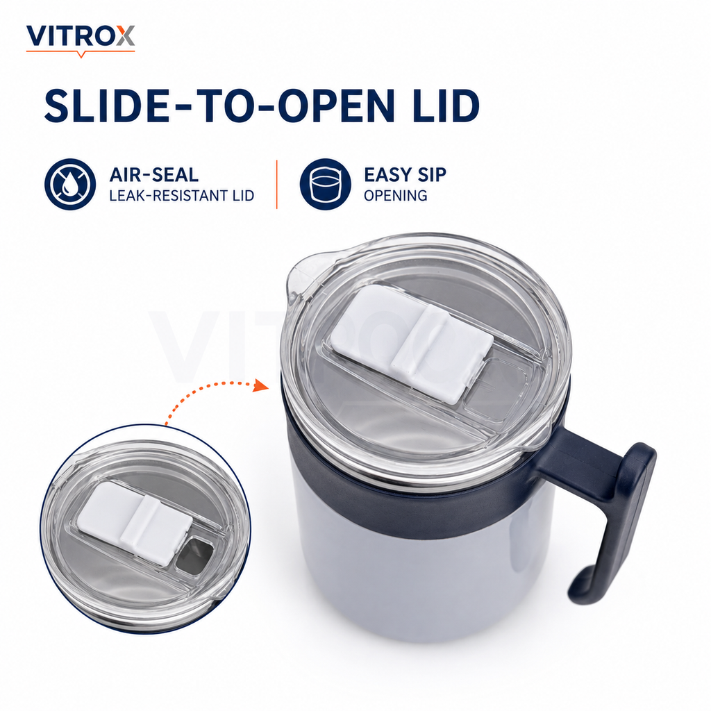 Hot & Cold Stainless Steel Mug with Open Lid and Handle