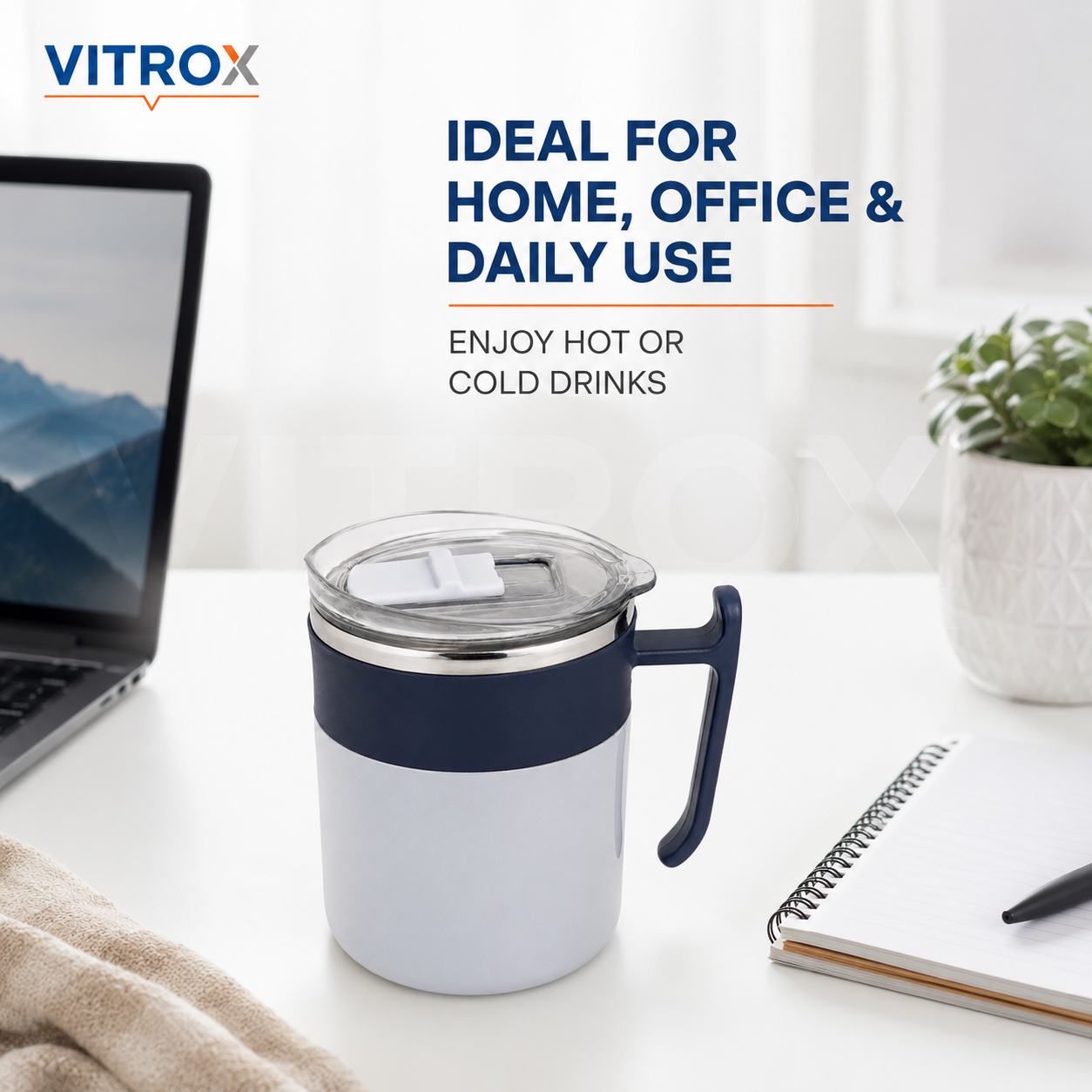 Hot & Cold Stainless Steel Mug with Open Lid and Handle