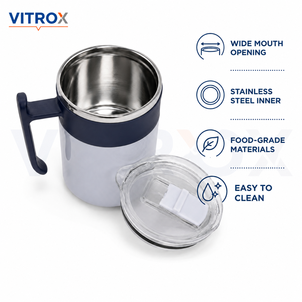 Hot & Cold Stainless Steel Mug with Open Lid and Handle