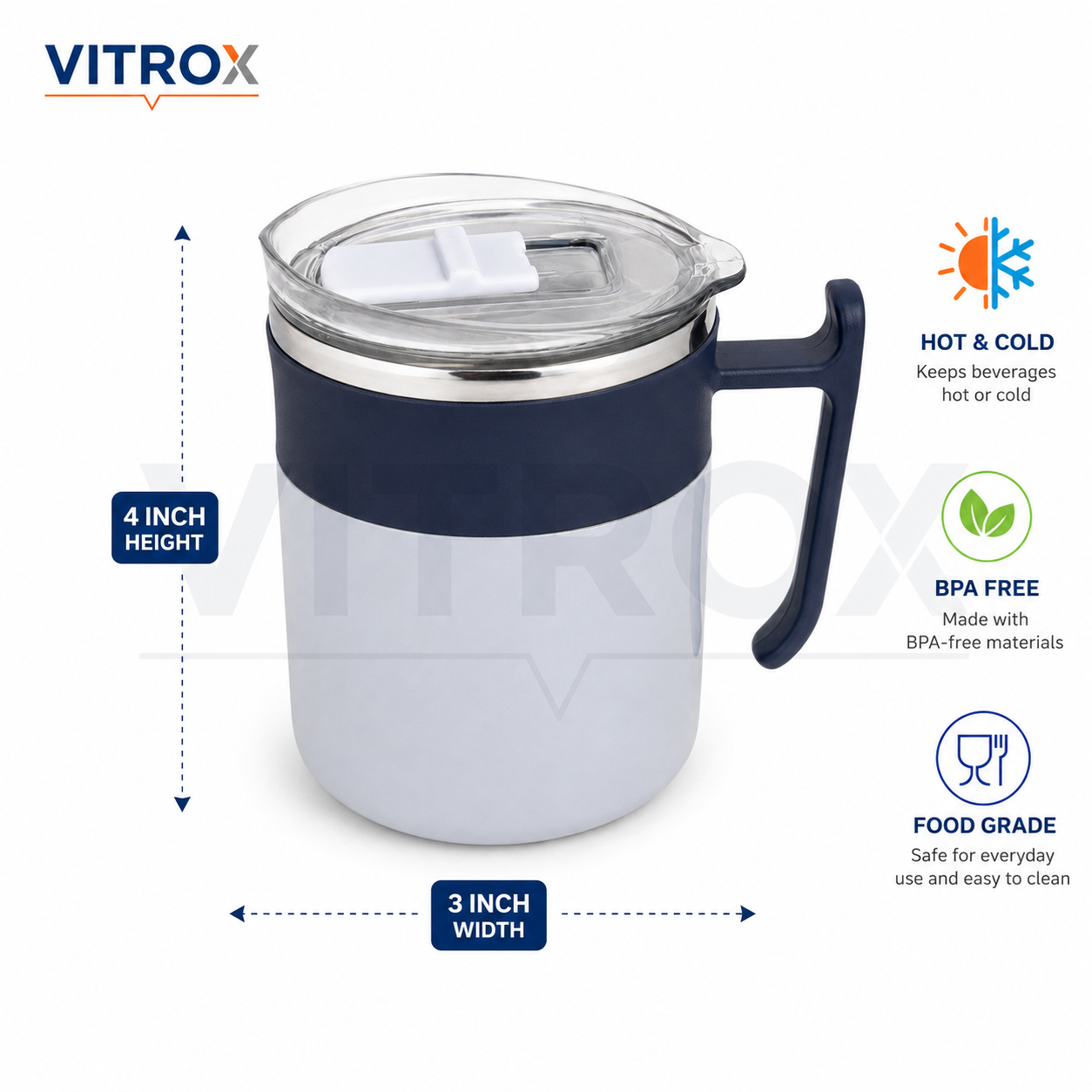 Hot & Cold Stainless Steel Mug with Open Lid and Handle