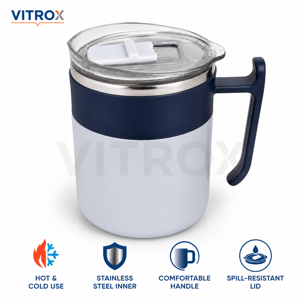 Hot & Cold Stainless Steel Mug with Open Lid and Handle