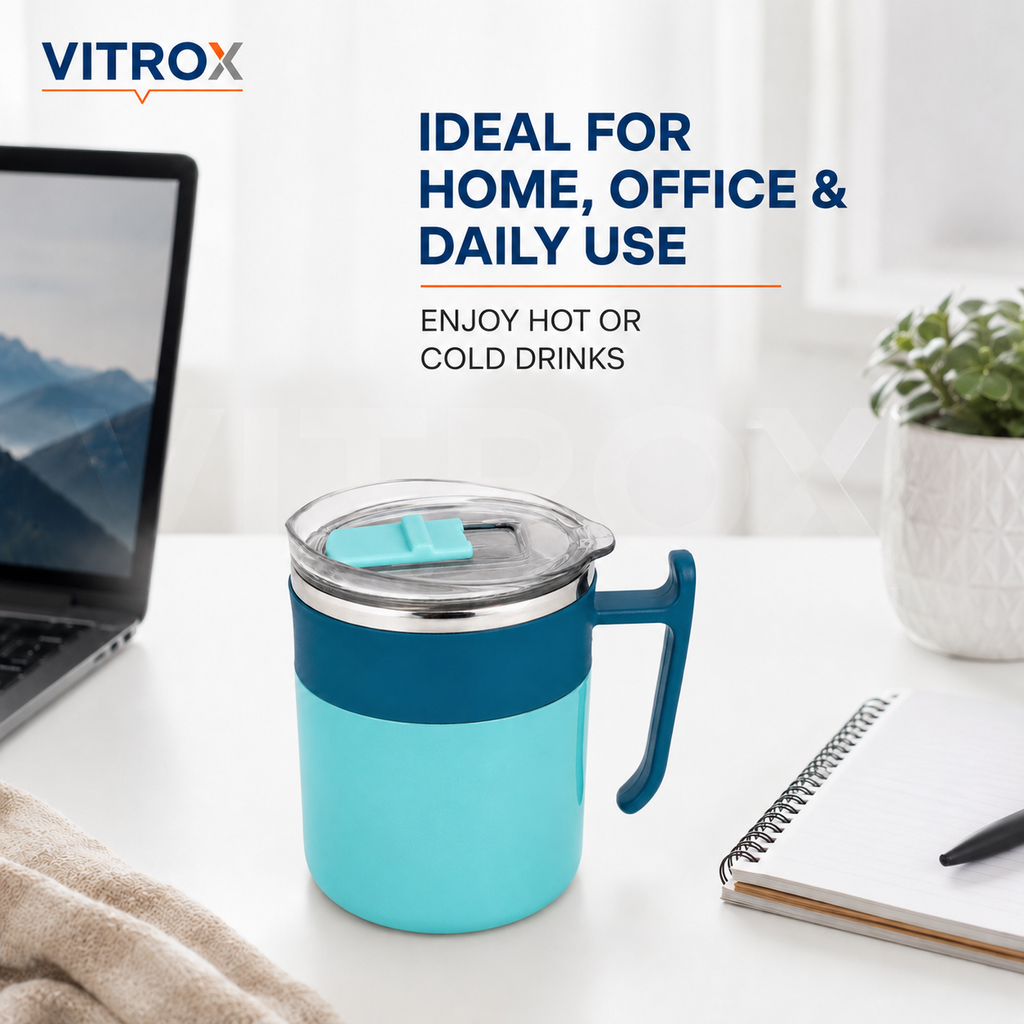 Hot & Cold Stainless Steel Mug with Slide-to-Open Lid and Handle