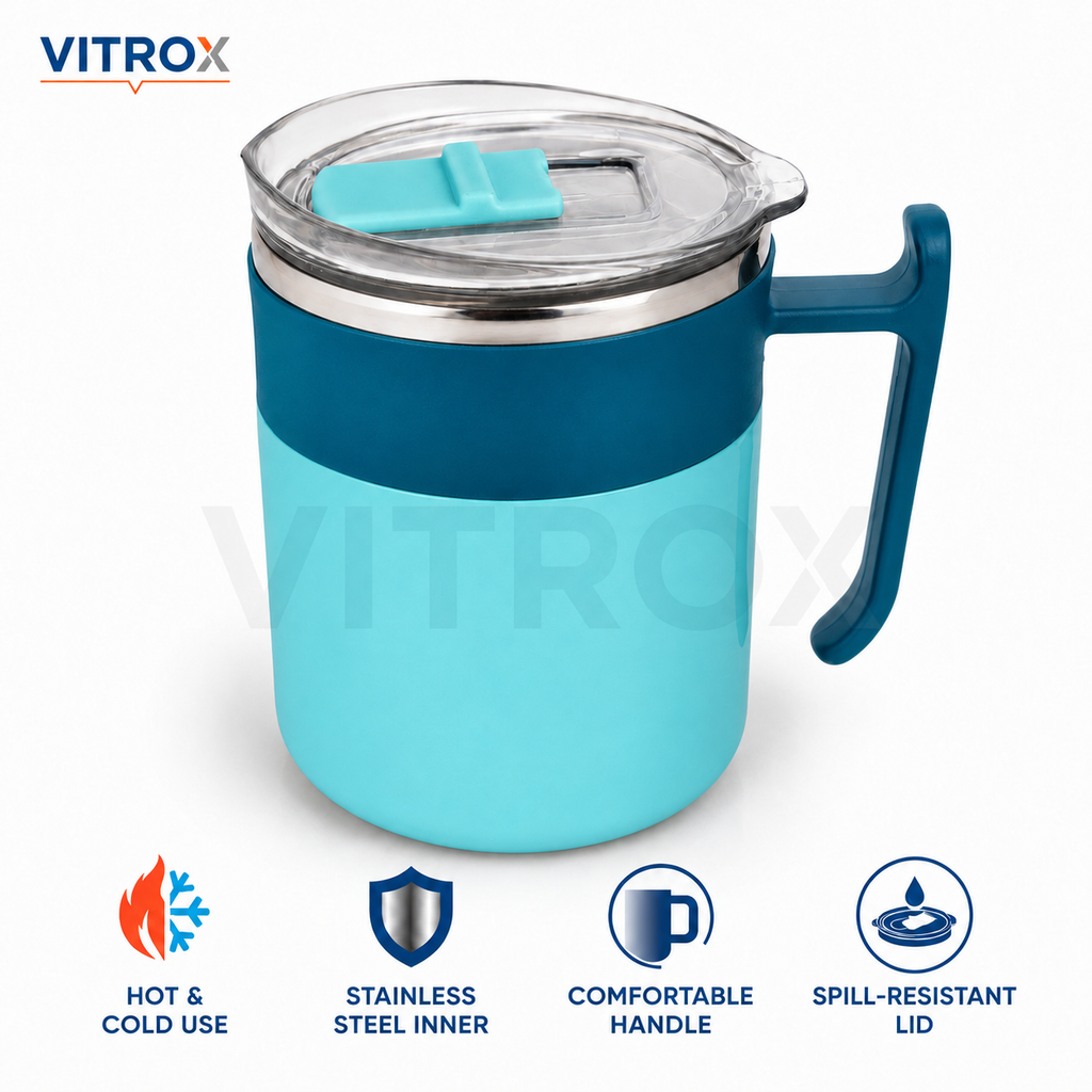 Hot & Cold Stainless Steel Mug with Slide-to-Open Lid and Handle