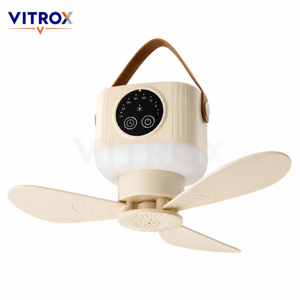 Rechargeable Portable Hanging Fan with LED Light, Remote Control & Timer – Cream