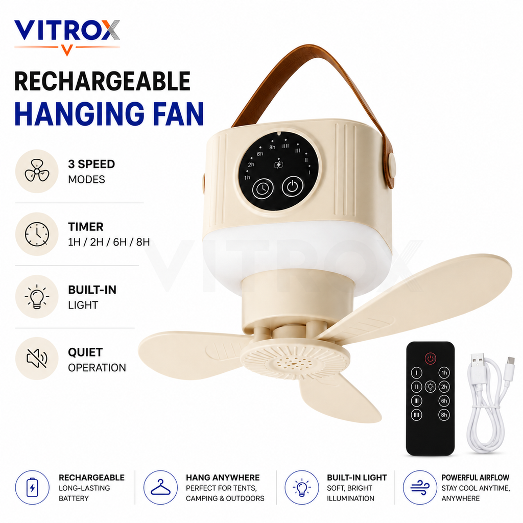 Rechargeable Portable Hanging Fan with LED Light, Remote Control & Timer – Cream