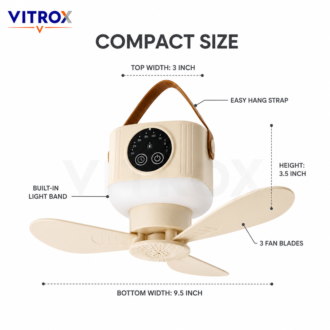 Rechargeable Portable Hanging Fan with LED Light, Remote Control & Timer – Cream