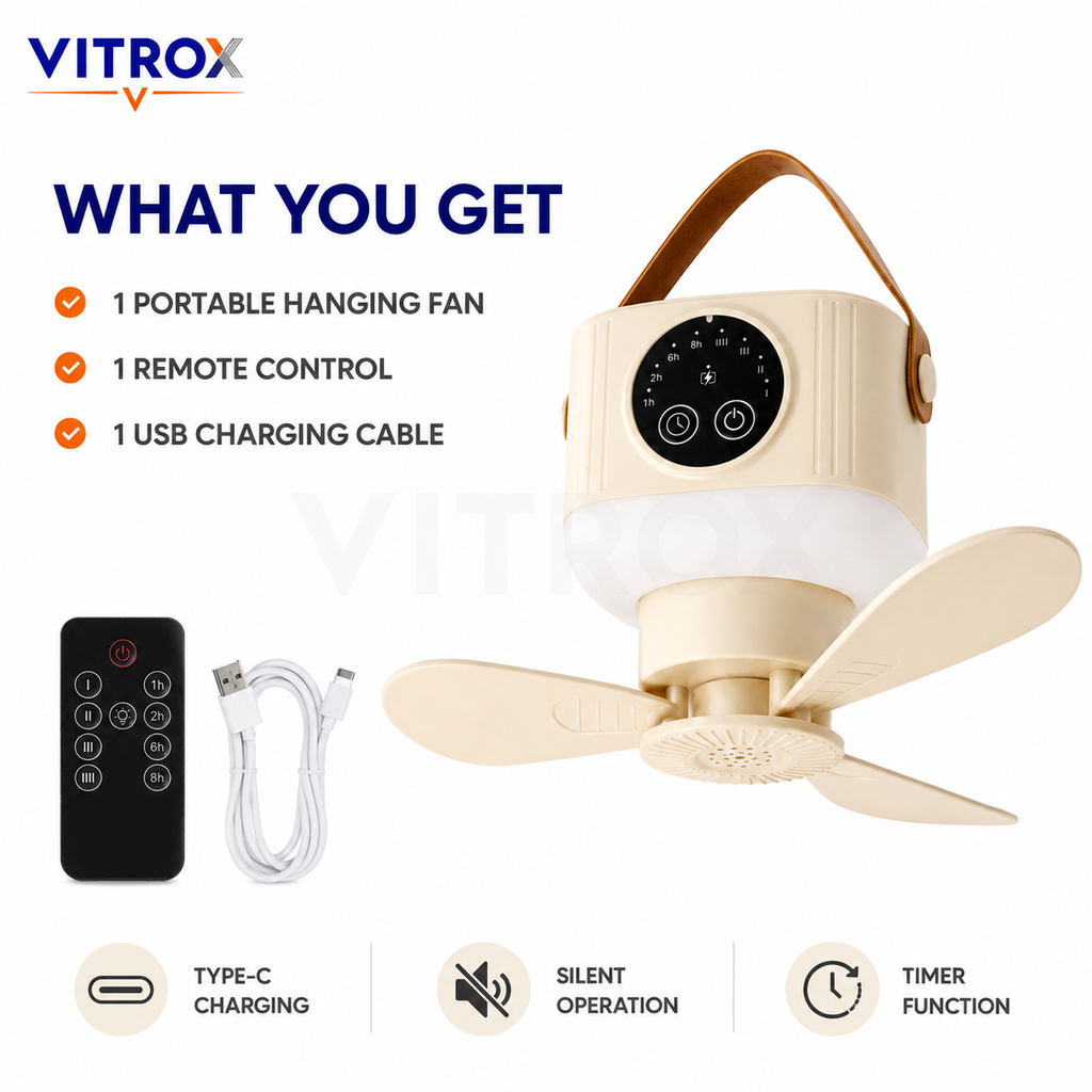 Rechargeable Portable Hanging Fan with LED Light, Remote Control & Timer – Cream