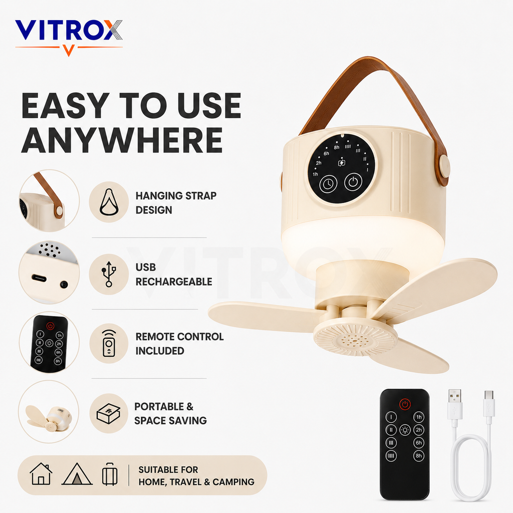 Rechargeable Portable Hanging Fan with LED Light, Remote Control & Timer – Cream