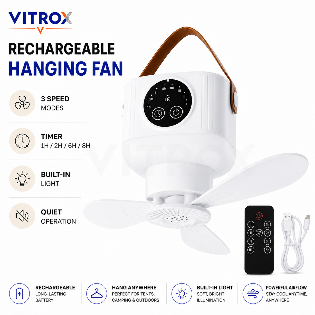 Rechargeable Portable Hanging Fan with LED Light, Remote Control & Timer