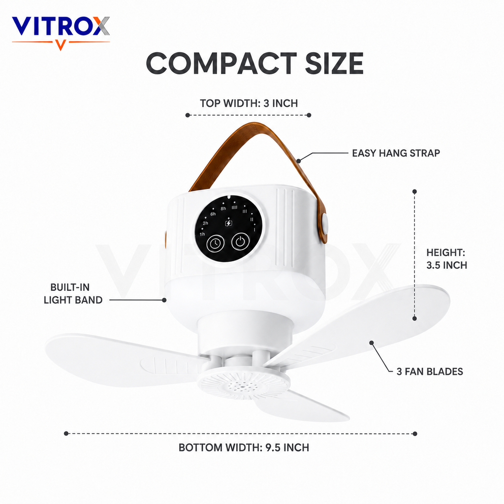 Rechargeable Portable Hanging Fan with LED Light, Remote Control & Timer