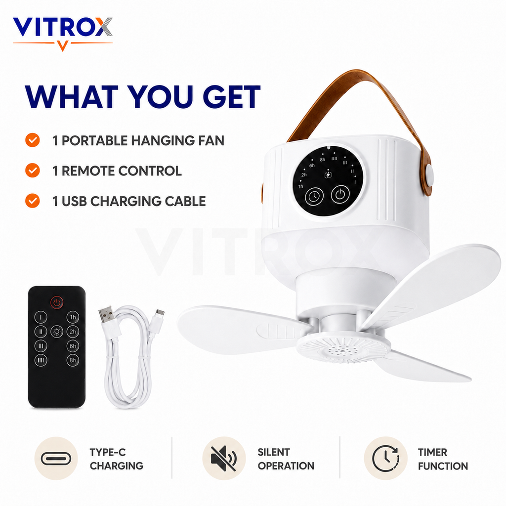 Rechargeable Portable Hanging Fan with LED Light, Remote Control & Timer