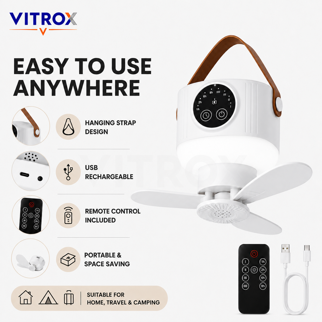 Rechargeable Portable Hanging Fan with LED Light, Remote Control & Timer
