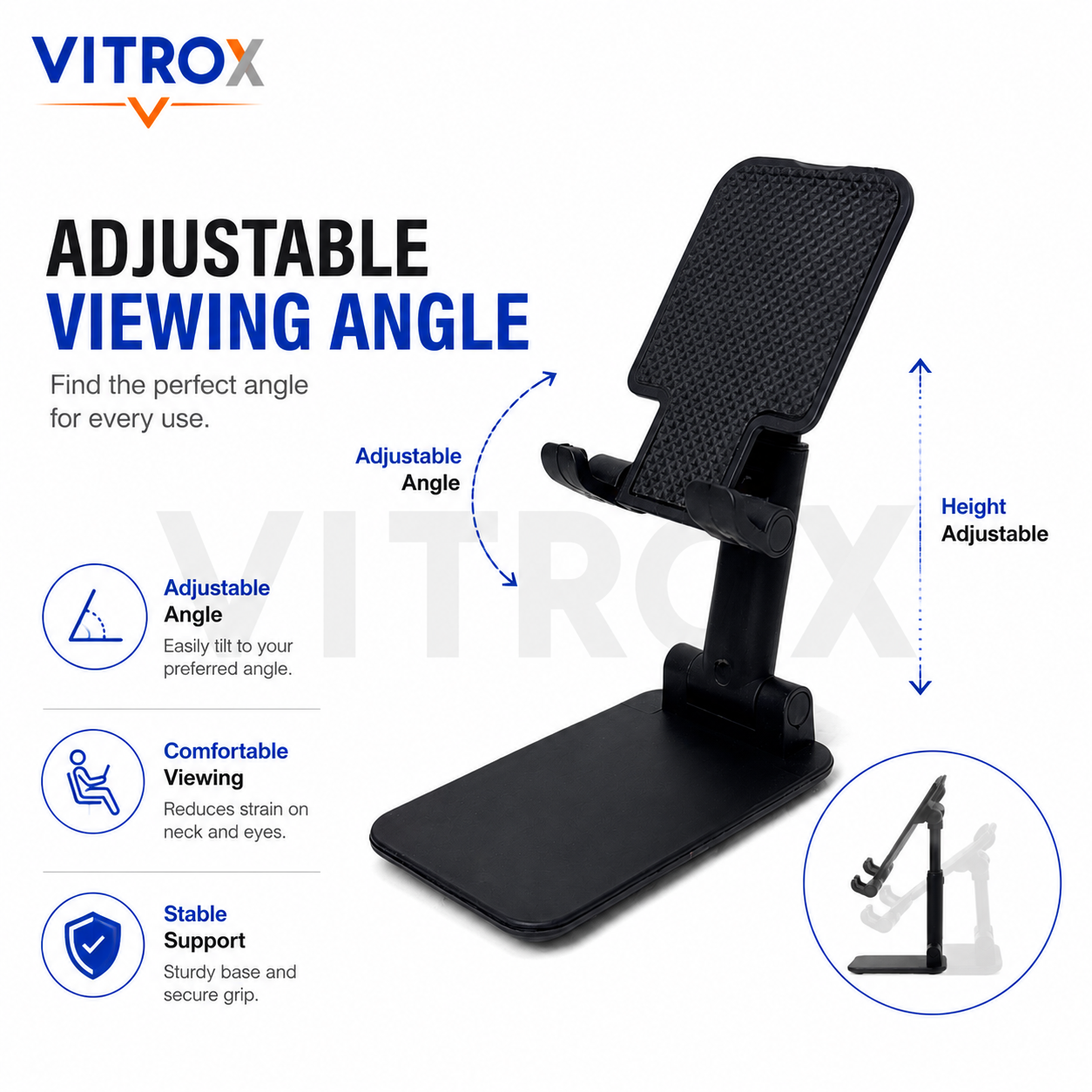 Vitrox Foldable Adjustable Phone Stand for Desk – Portable Mobile Holder, Black