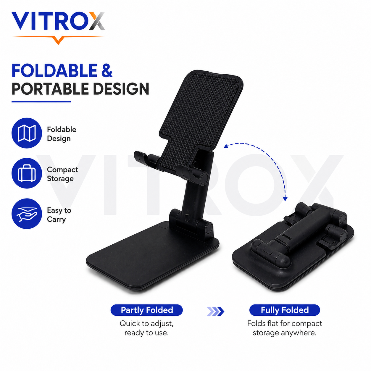 Vitrox Foldable Adjustable Phone Stand for Desk – Portable Mobile Holder, Black