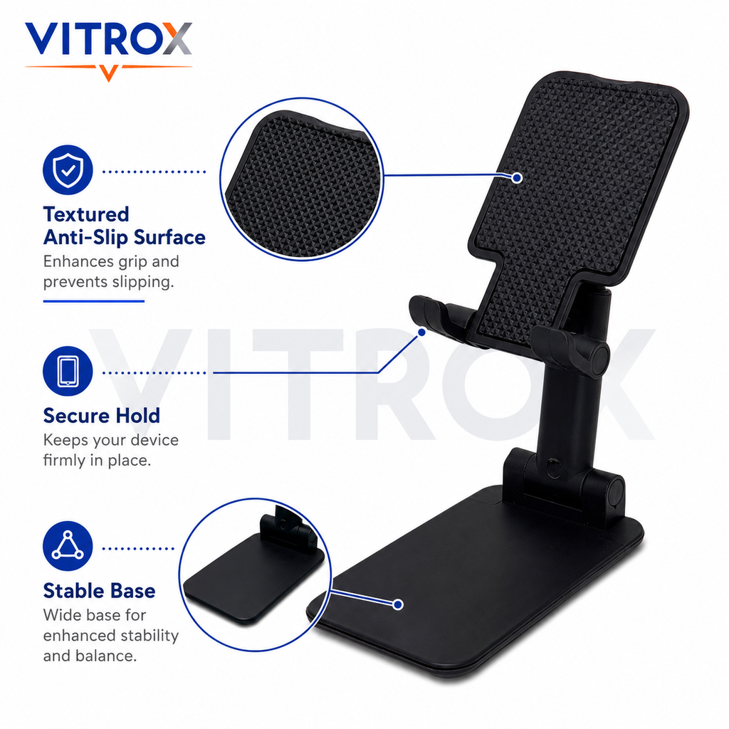 Vitrox Foldable Adjustable Phone Stand for Desk – Portable Mobile Holder, Black