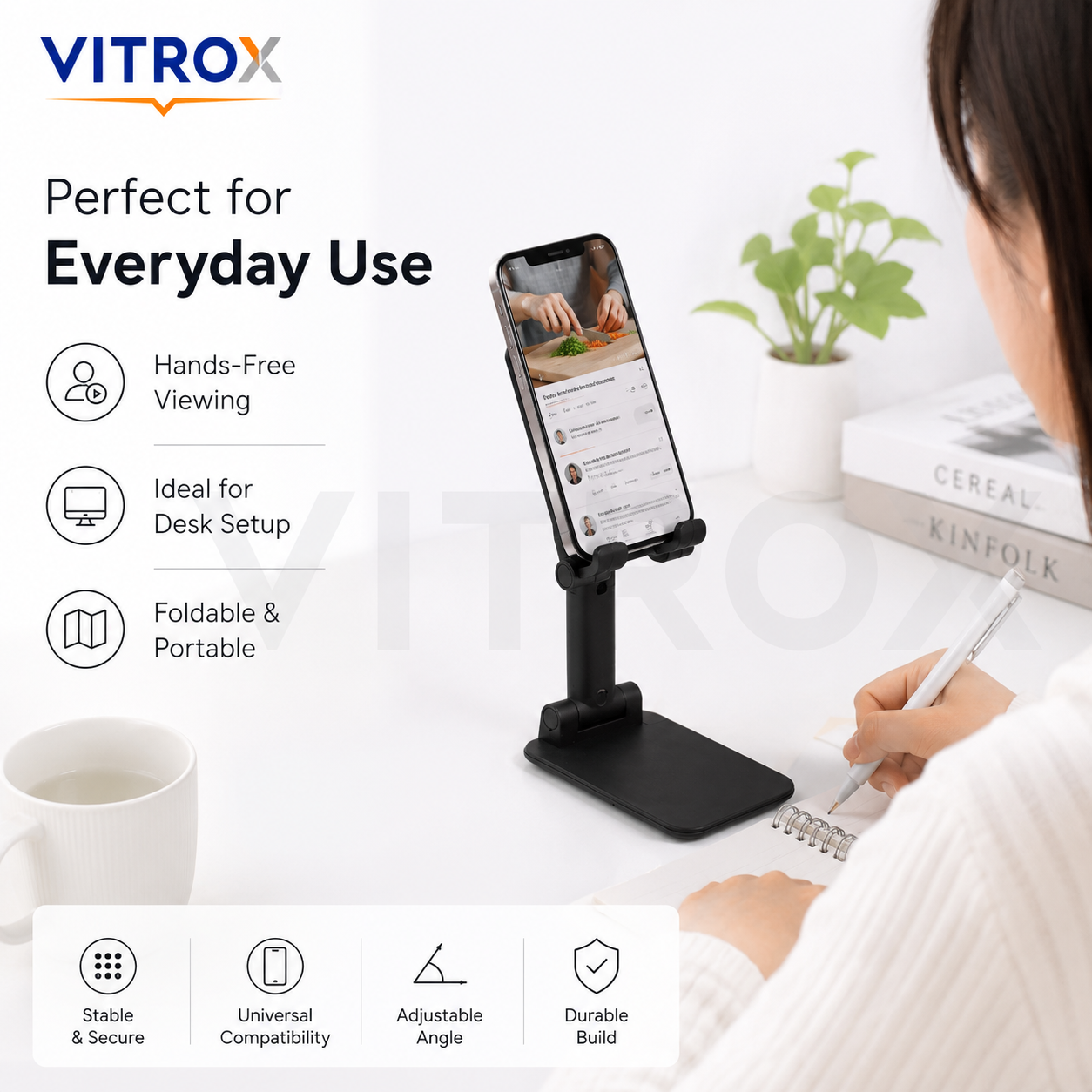 Vitrox Foldable Adjustable Phone Stand for Desk – Portable Mobile Holder, Black