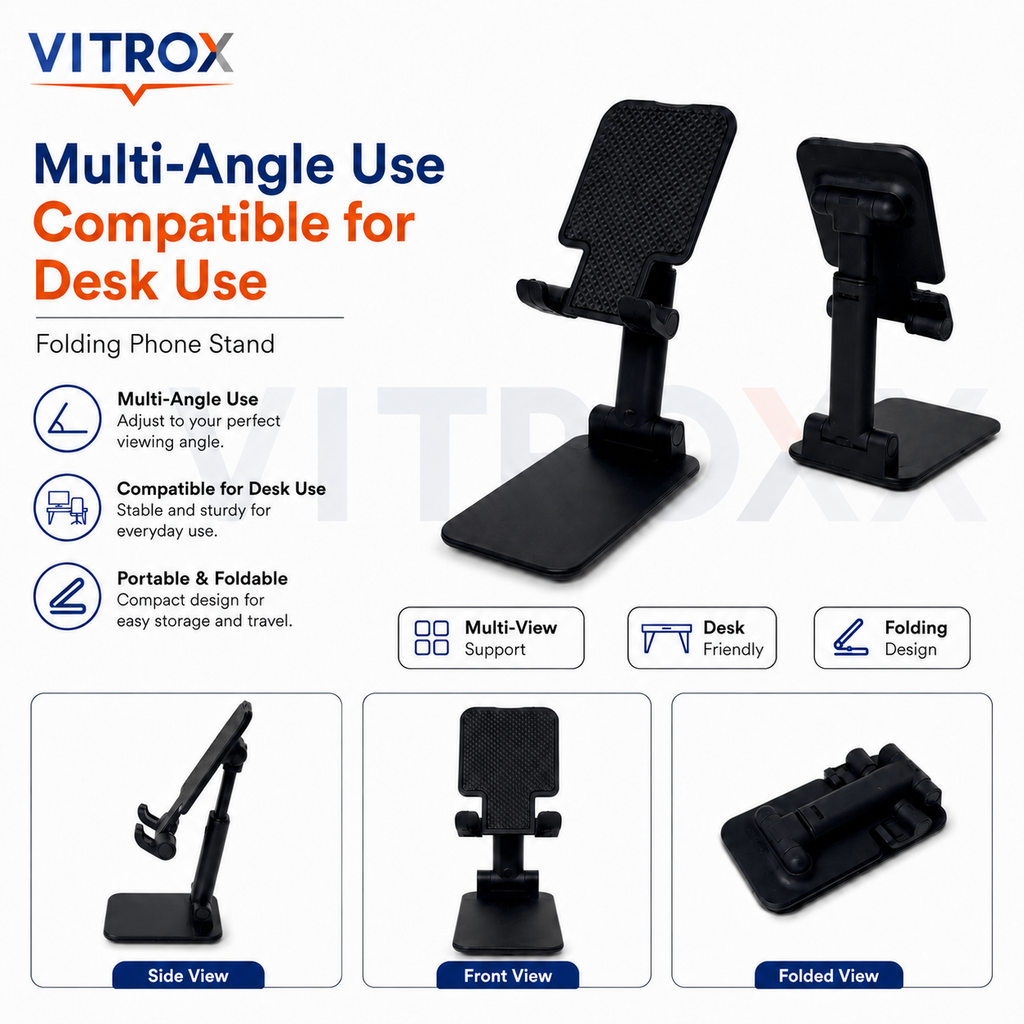 Vitrox Foldable Adjustable Phone Stand for Desk – Portable Mobile Holder, Black