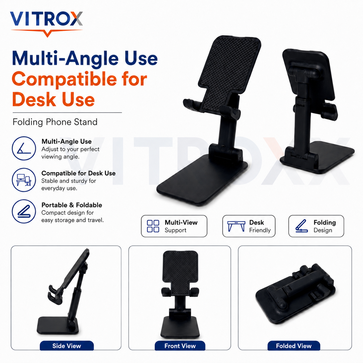 Vitrox Foldable Adjustable Phone Stand for Desk – Portable Mobile Holder, Black