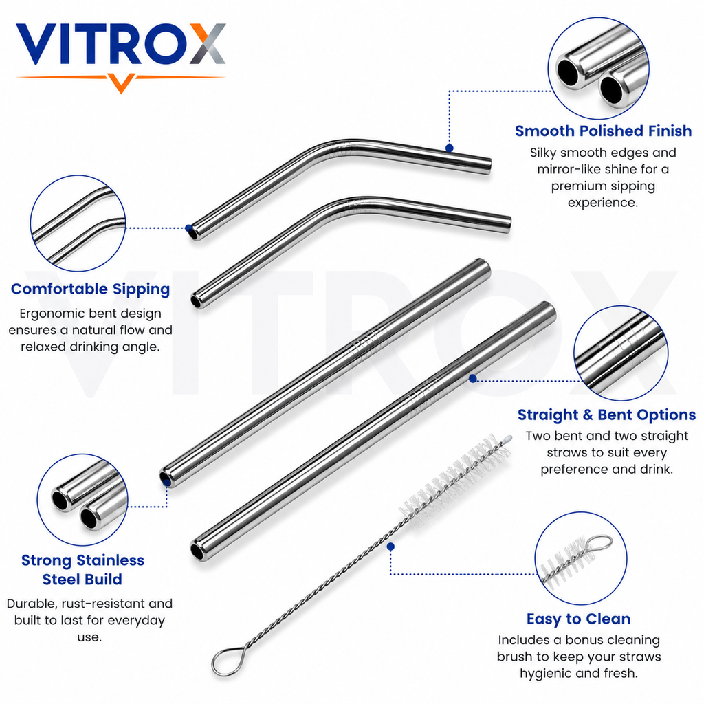 VITROX Reusable Stainless Steel Straw Set with Cleaning Brush