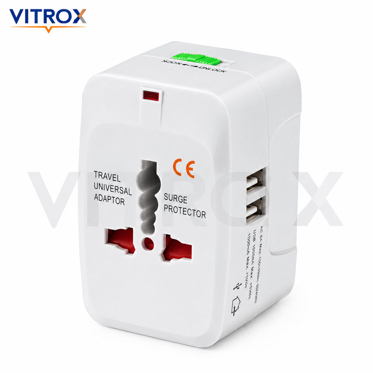 Vitrox All-in-One Universal Travel Adaptor with Dual USB Ports, Surge Protection & Worldwide Plug Support – White
