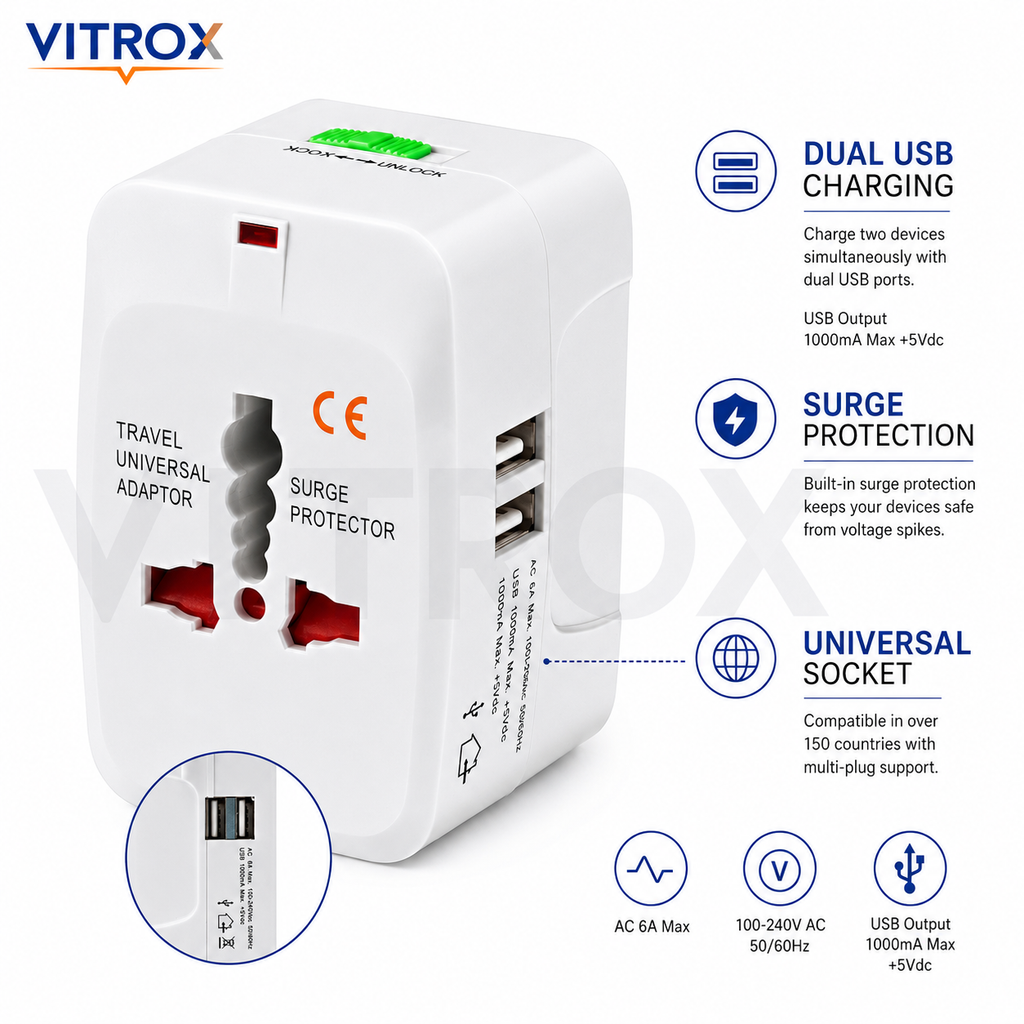 Vitrox All-in-One Universal Travel Adaptor with Dual USB Ports, Surge Protection & Worldwide Plug Support – White