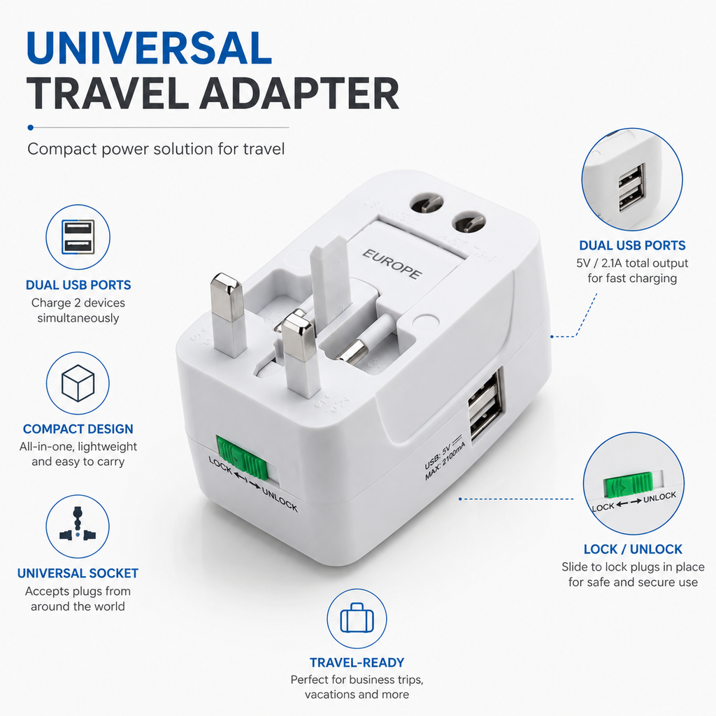 Vitrox All-in-One Universal Travel Adaptor with Dual USB Ports, Surge Protection & Worldwide Plug Support – White
