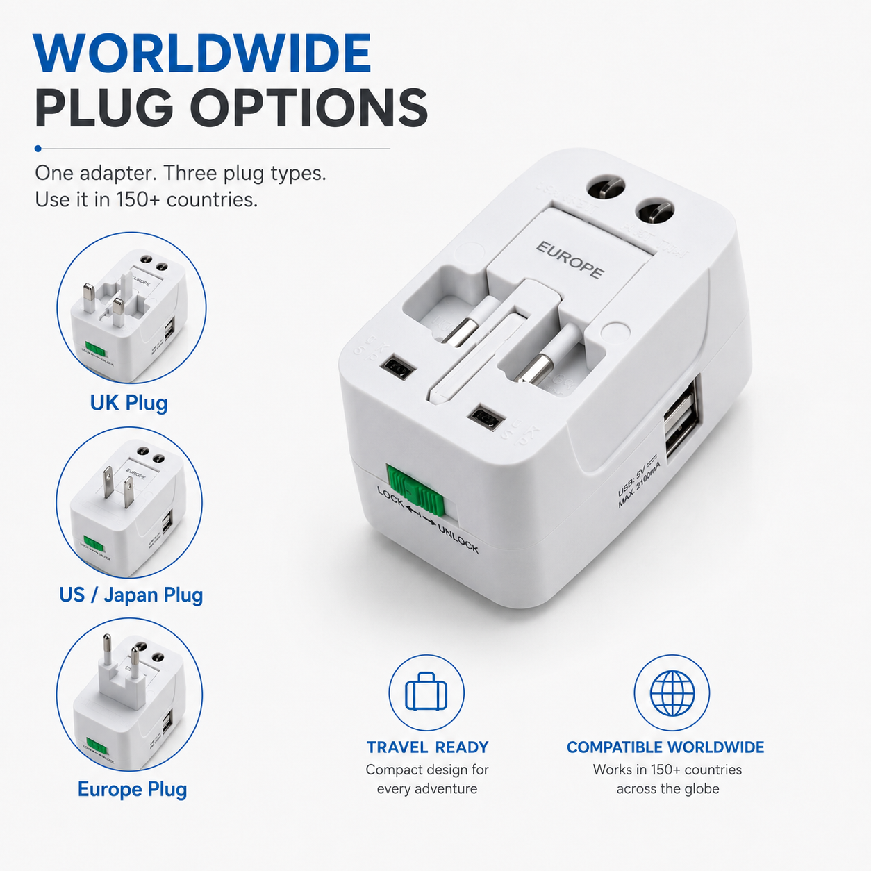 Vitrox All-in-One Universal Travel Adaptor with Dual USB Ports, Surge Protection & Worldwide Plug Support – White