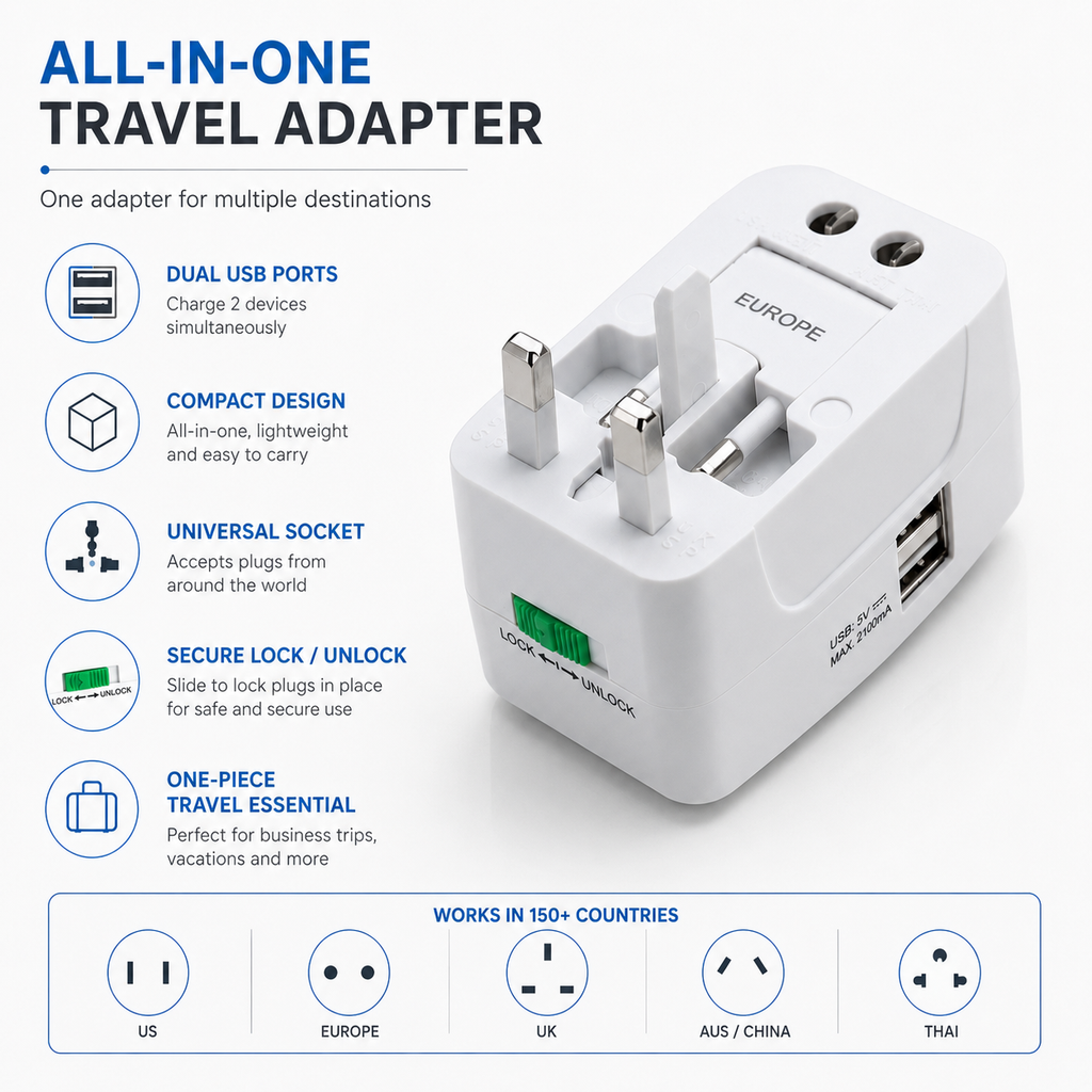 Vitrox All-in-One Universal Travel Adaptor with Dual USB Ports, Surge Protection & Worldwide Plug Support – White