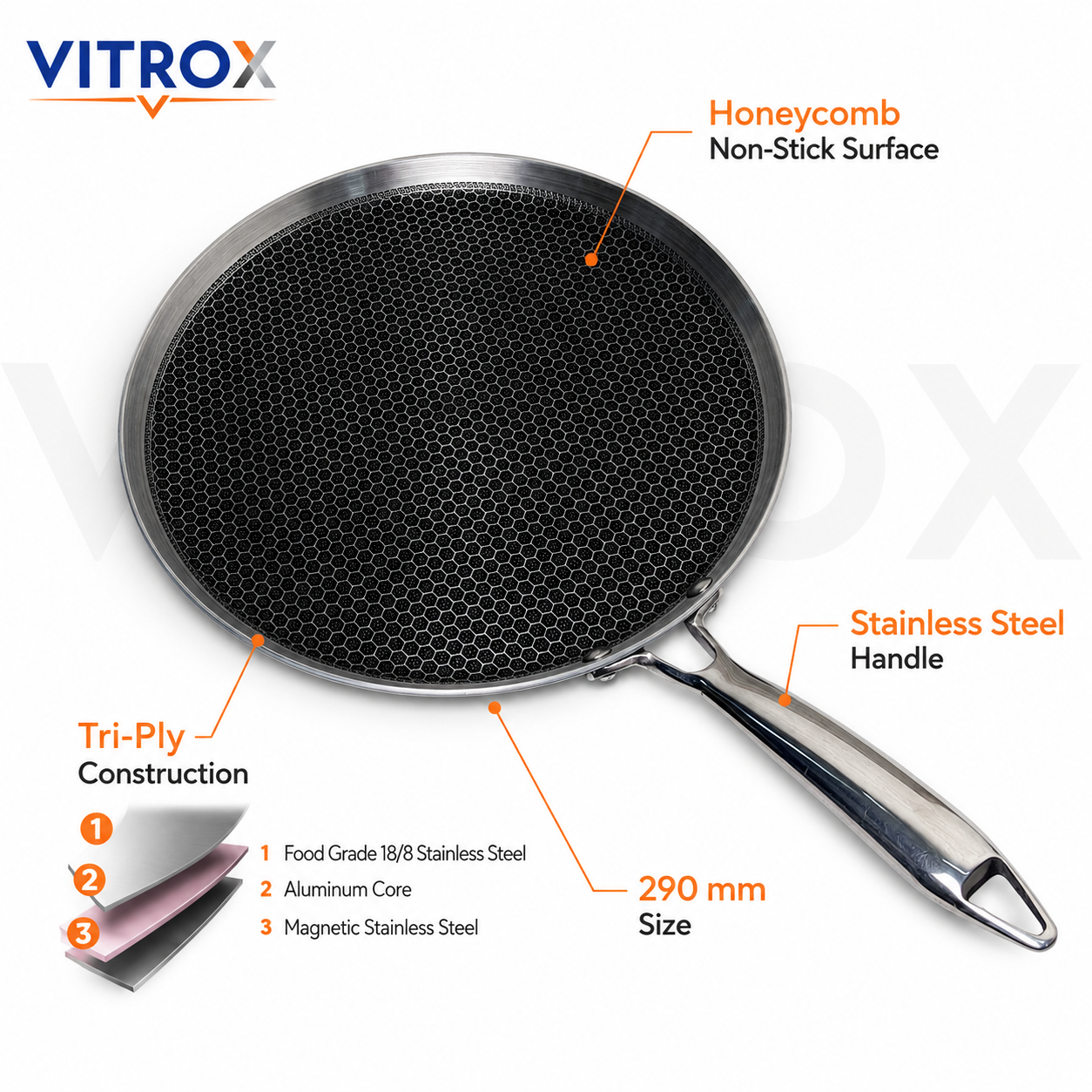 Tri-Ply Honeycomb Dosa Tawa 290 mm | Stainless Steel