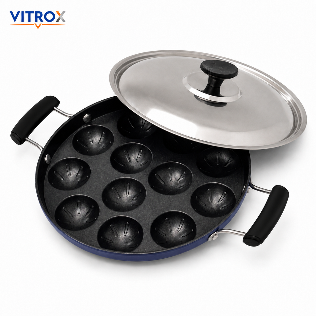 12 Cavity Non-Stick Appam Pan with Lid &amp; Dual Side Handles