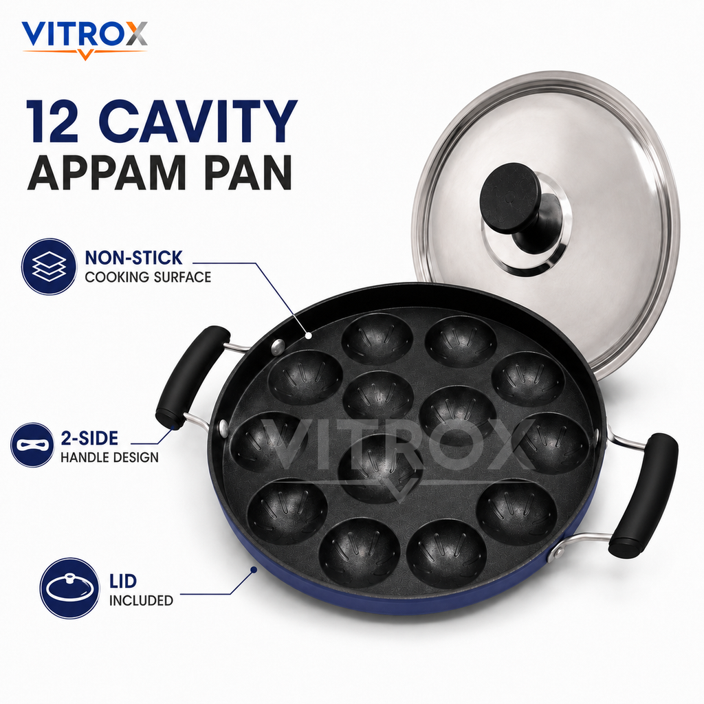 12 Cavity Non-Stick Appam Pan with Lid &amp; Dual Side Handles