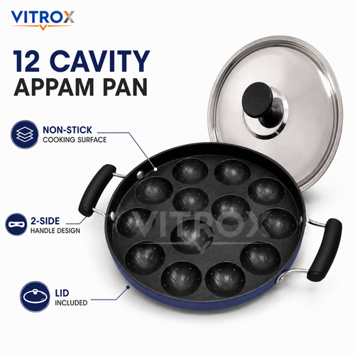12 Cavity Non-Stick Appam Pan with Lid &amp; Dual Side Handles