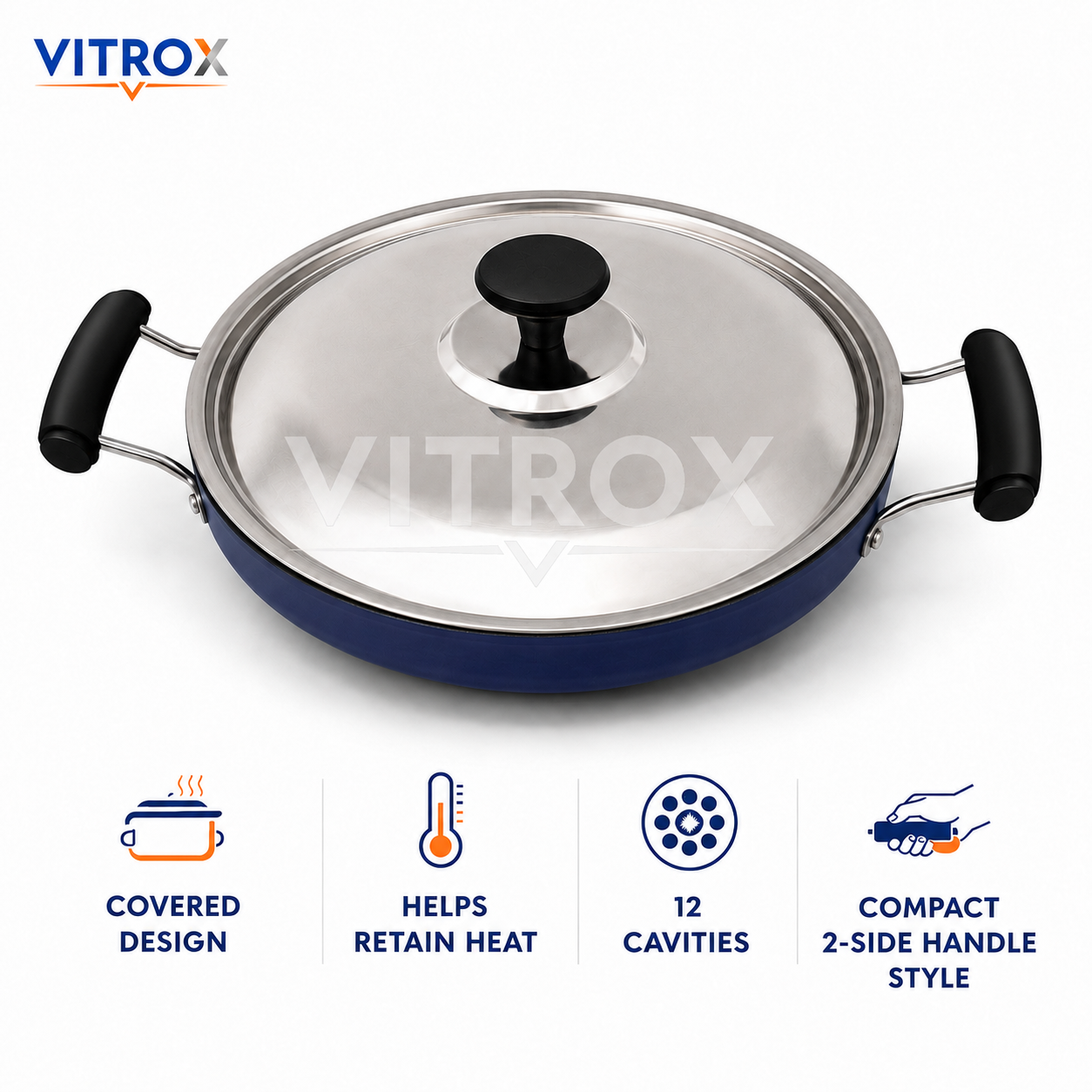 12 Cavity Non-Stick Appam Pan with Lid &amp; Dual Side Handles