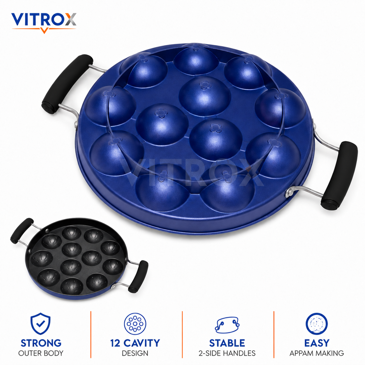 12 Cavity Non-Stick Appam Pan with Lid &amp; Dual Side Handles
