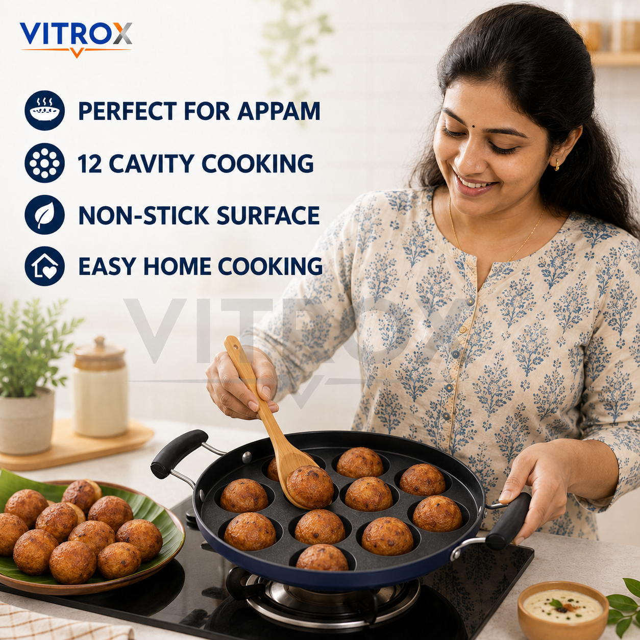12 Cavity Non-Stick Appam Pan with Lid &amp; Dual Side Handles