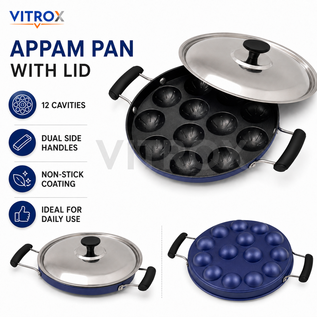 12 Cavity Non-Stick Appam Pan with Lid &amp; Dual Side Handles