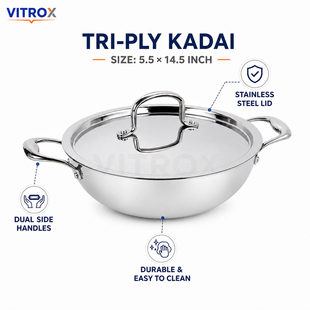 Premium Tri-Ply Stainless Steel Kadai with Lid
