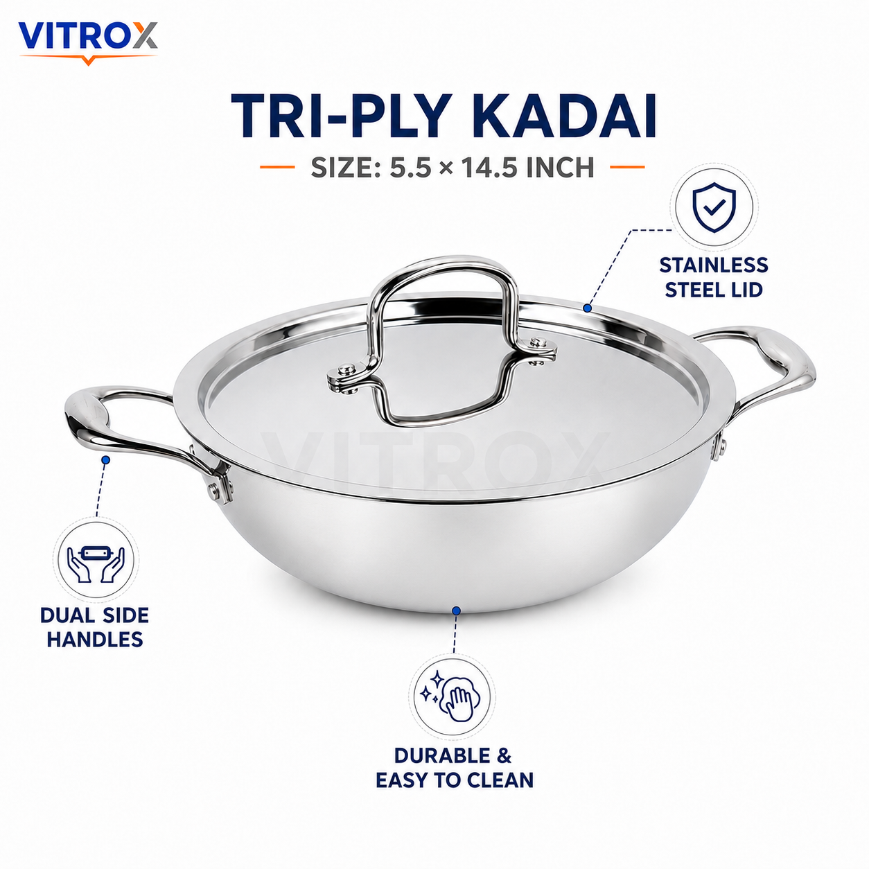 Premium Tri-Ply Stainless Steel Kadai with Lid
