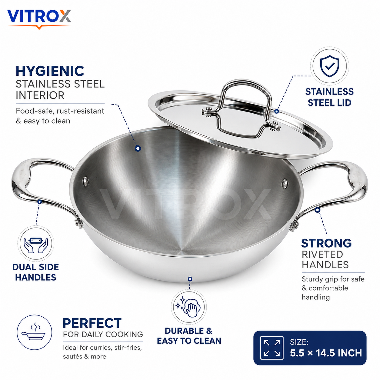 Premium Tri-Ply Stainless Steel Kadai with Lid