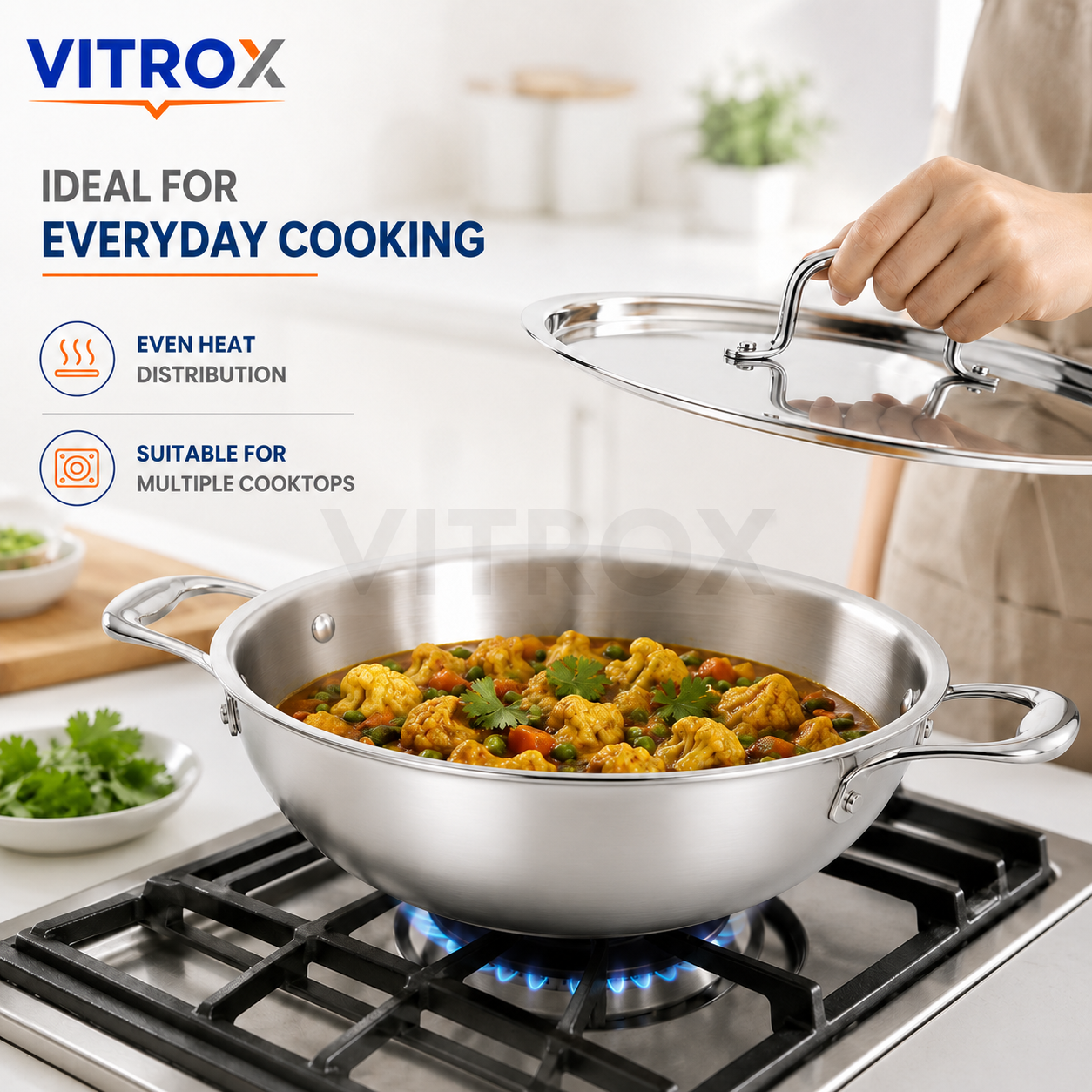 Premium Tri-Ply Stainless Steel Kadai with Lid
