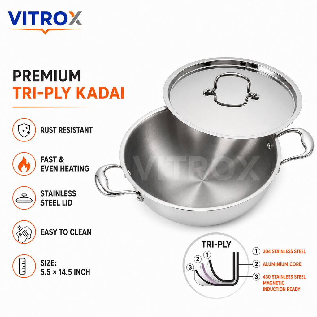 Premium Tri-Ply Stainless Steel Kadai with Lid