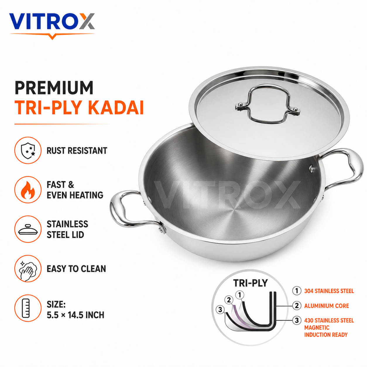 Premium Tri-Ply Stainless Steel Kadai with Lid