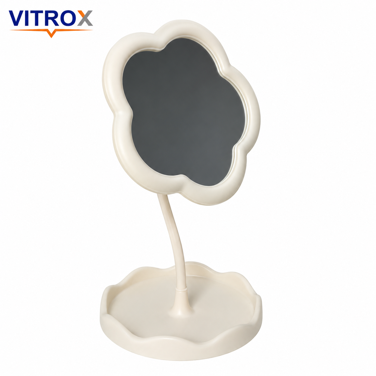 Flower-Shaped Adjustable Tabletop Makeup Mirror with Organizer Tray – Cream